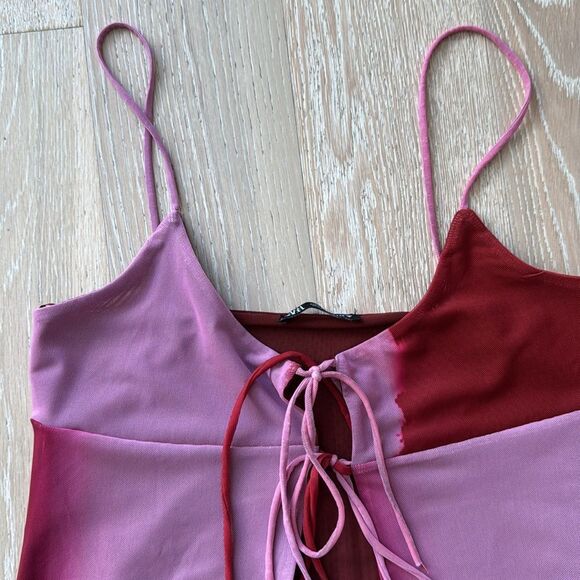 ZARA Tie-Front Layered Chiffon Cami Tank Top Tie-Dye Pink SzL - Picture 3 of 13
